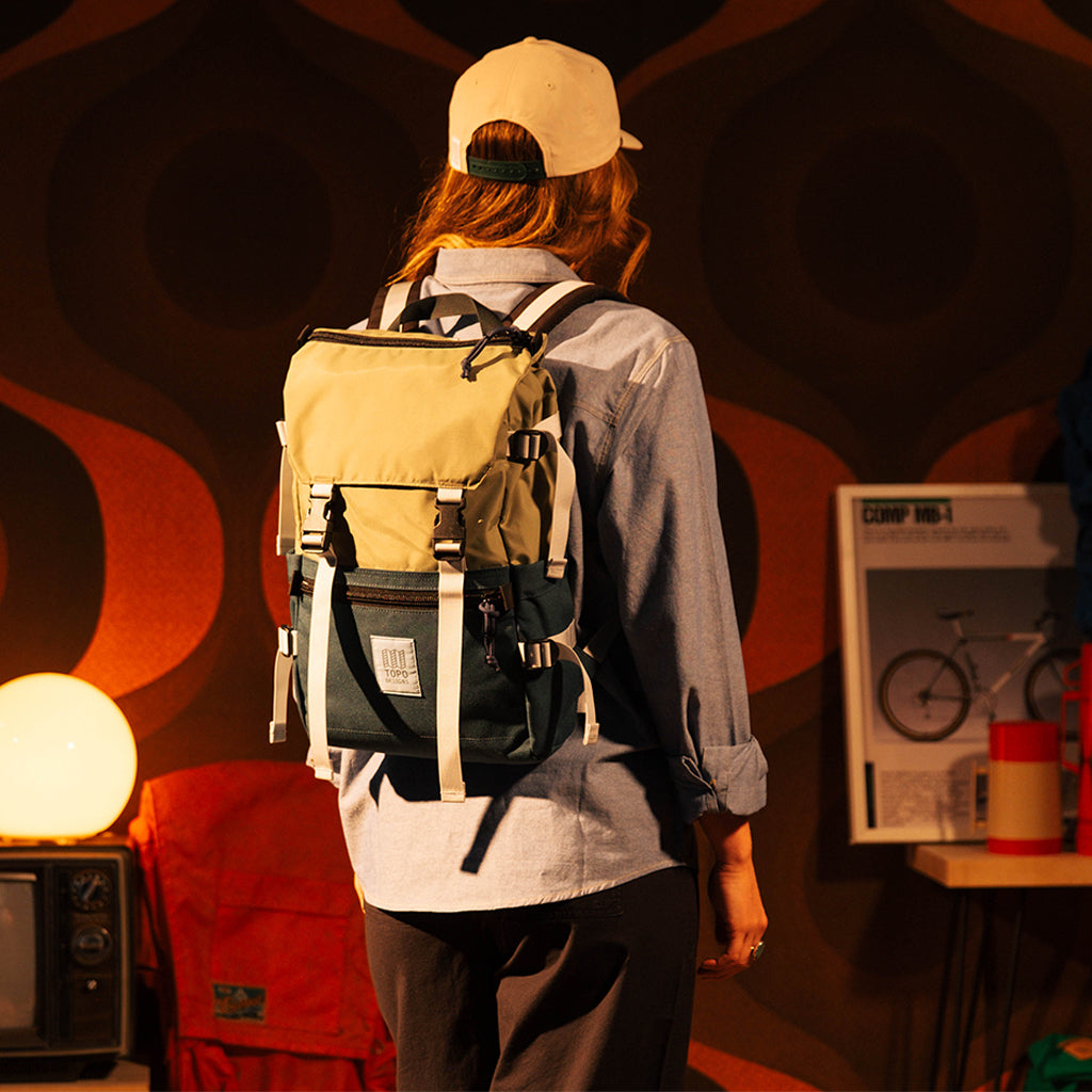 Topo Designs Rover Pack Classic in Oil Green Dark Pine — lifestyle # color_Oil Green Dark Pine
