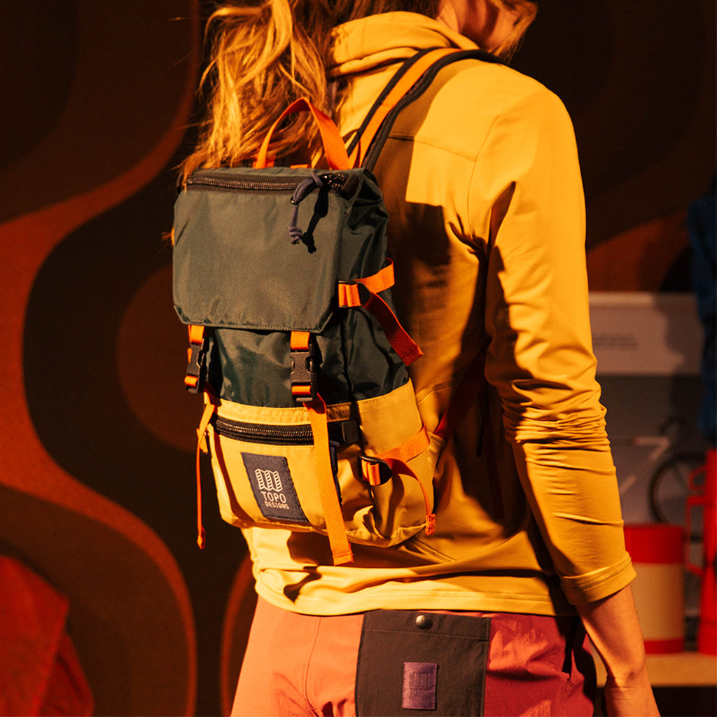 Topo Designs Rover Pack Mini in Forest Goldenrod — lifestyle 2 # color_Forest Goldenrod