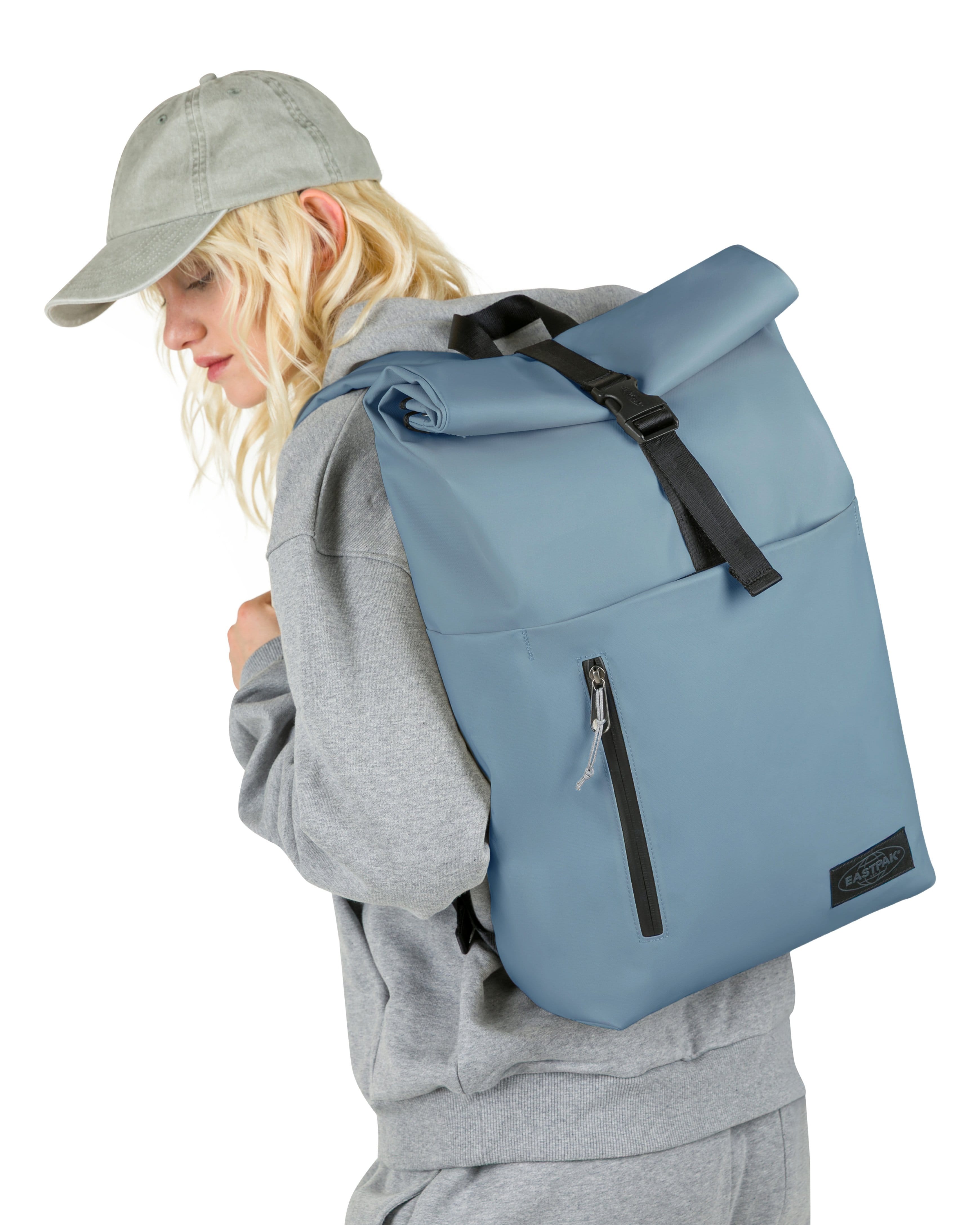 Eastpak Up Roll Rolltop Backpack 23L in Tarp Dust Blue — lifestyle # color_Tarp Dust Blue