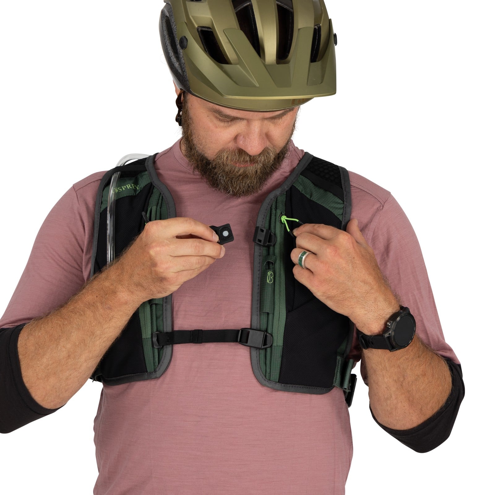 Osprey Escapist Velocity 6 Bike Hydration Vest 6L in Tundra Green — detail view