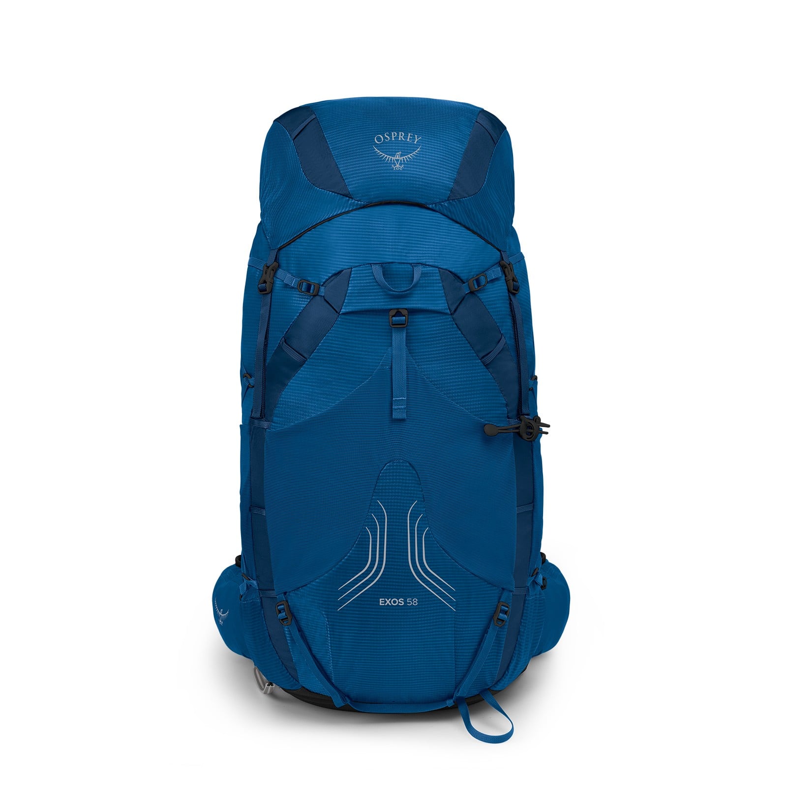 Osprey Exos 58 Extended Fit Backpacking Pack 58L in Blue Ribbon — angle view 2