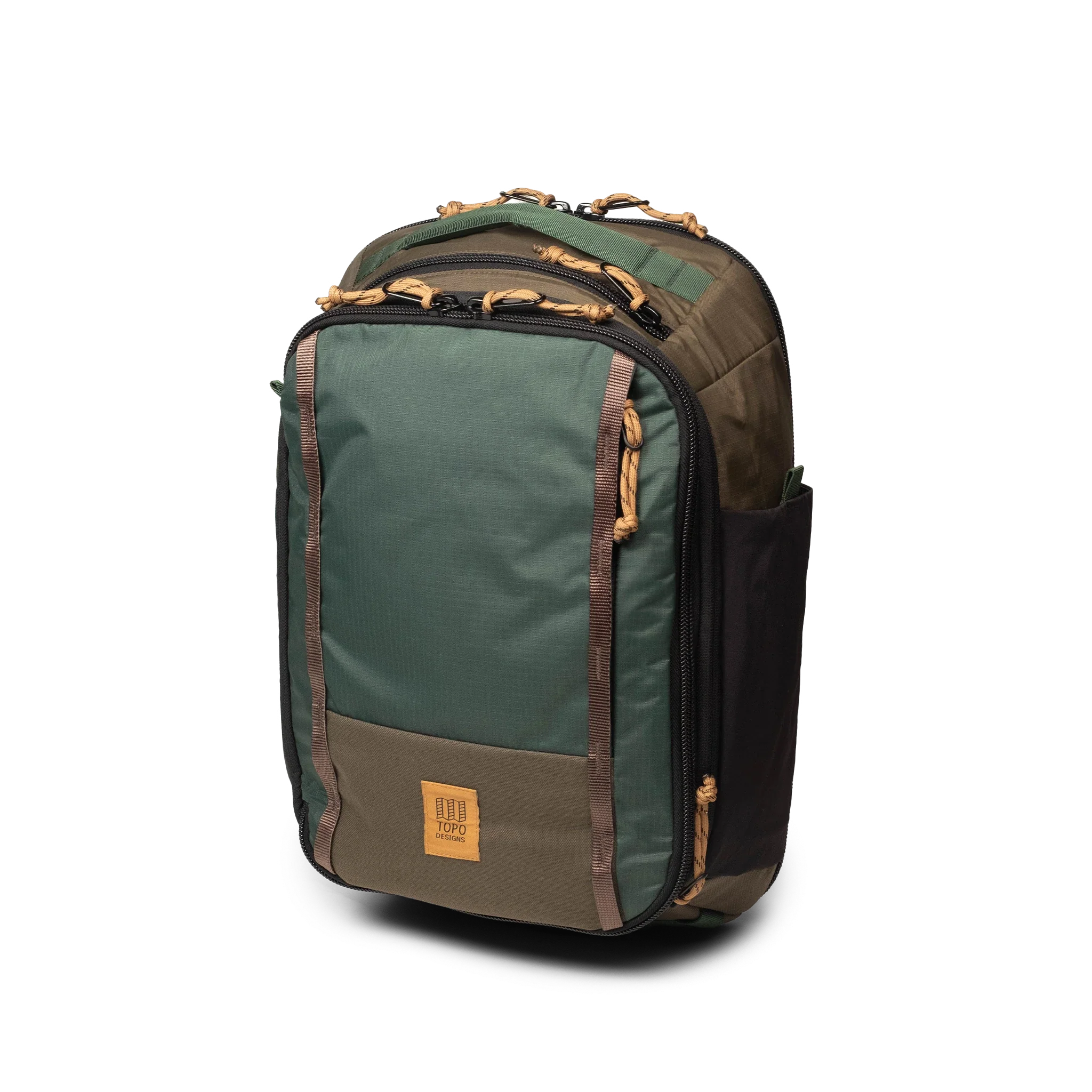 Topo Designs Global Travel Backpack in Woodland Forest — angle view 2 # color_Woodland Forest