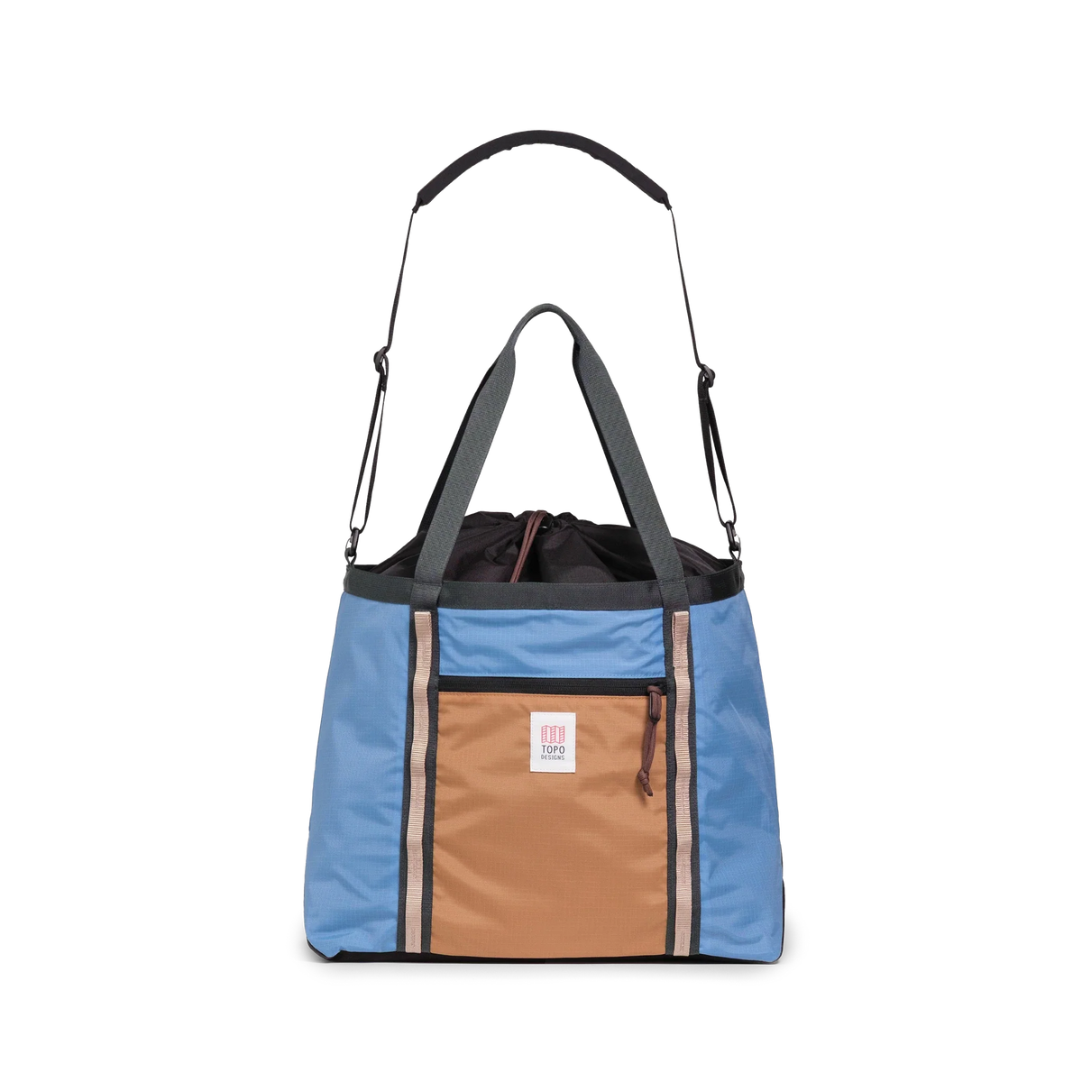 Topo Designs Mountain Utility Tote in River Blue Brown Oak — front view # color_River Blue Brown Oak