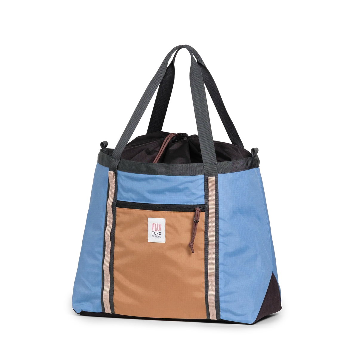 Topo Designs Mountain Utility Tote in River Blue Brown Oak — angle view 2 # color_River Blue Brown Oak