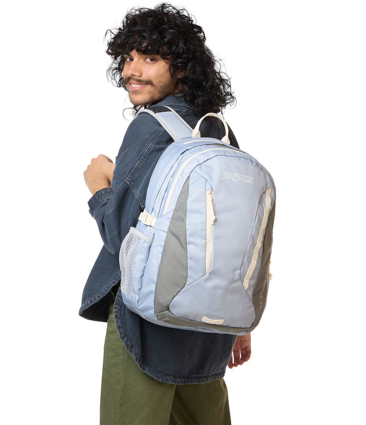 JanSport Agave Backpack in Grounded Grey — lifestyle