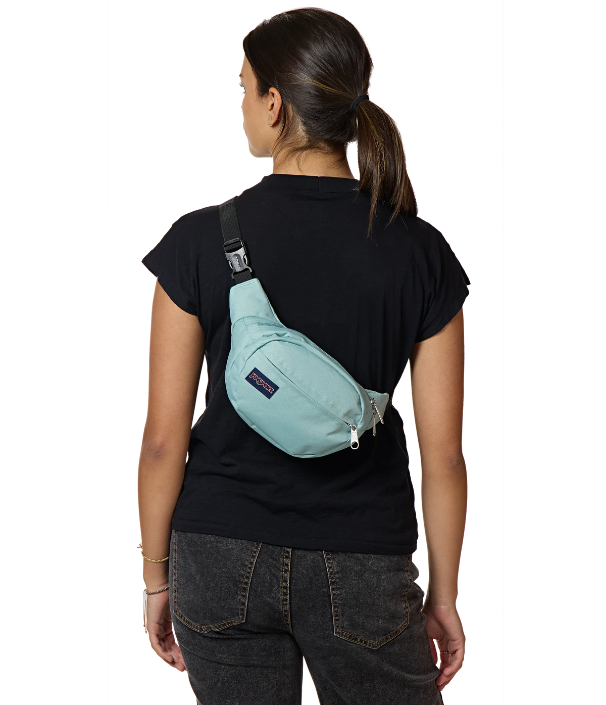 JanSport Fifth Avenue Fanny Pack in Faded Sage — lifestyle