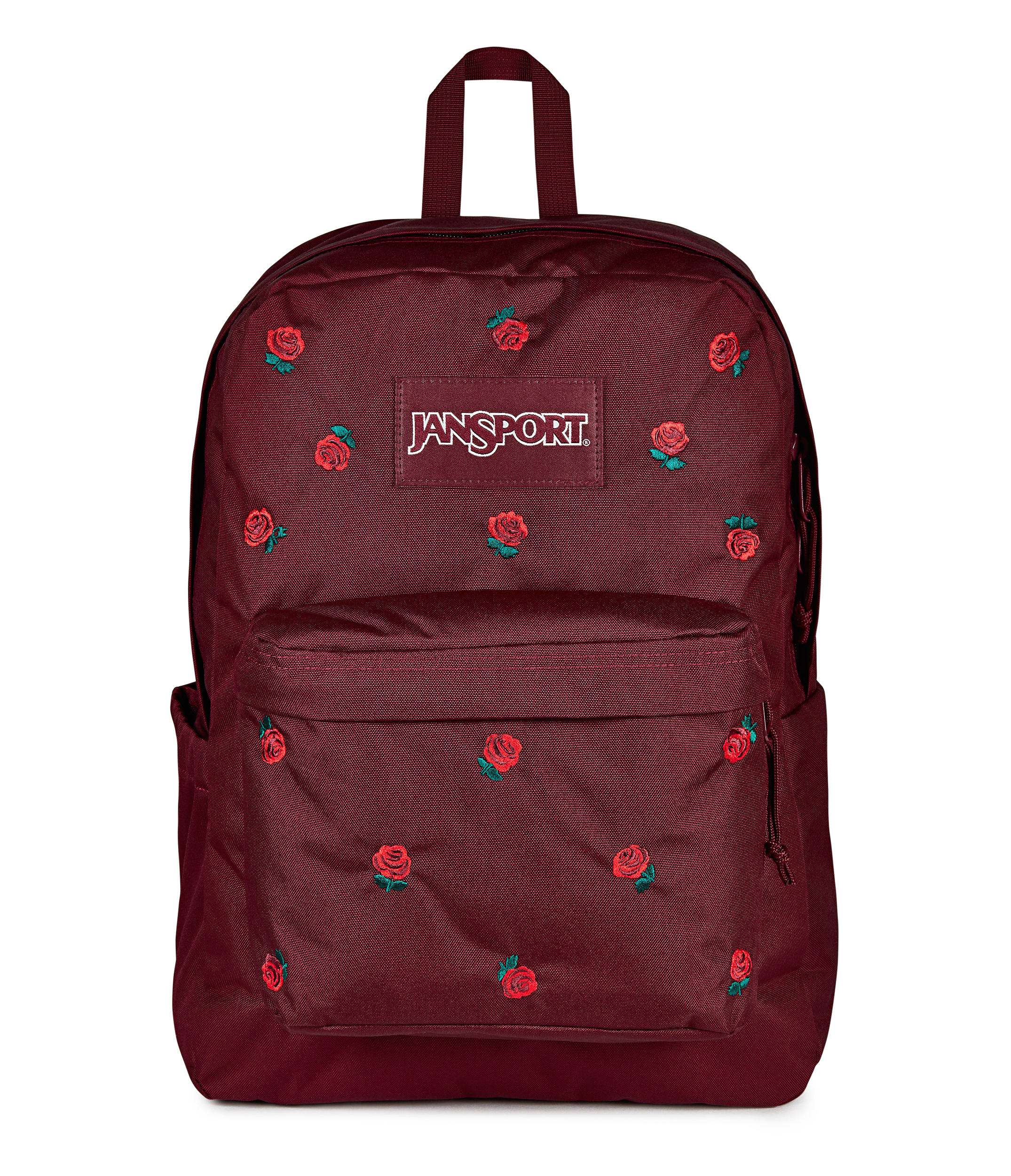 JanSport Superbreak Plus FX in Just A Rose Embroidery Cherry Lacquer — front view
