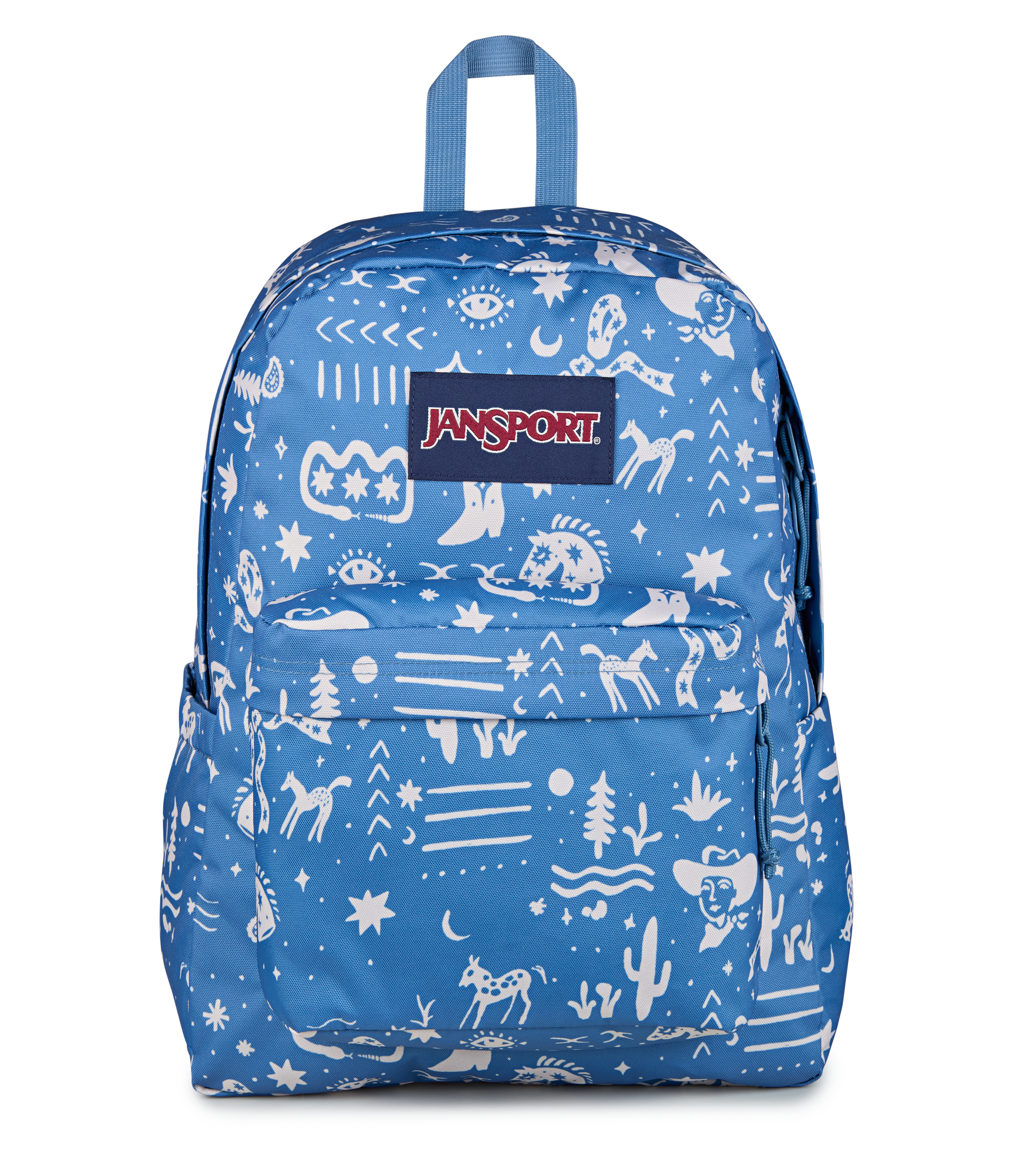 JanSport SuperBreak Plus Iconic Style in Yeehaw and Horse Elemental Blue — front view # color_Yeehaw and Horse Elemental Blue