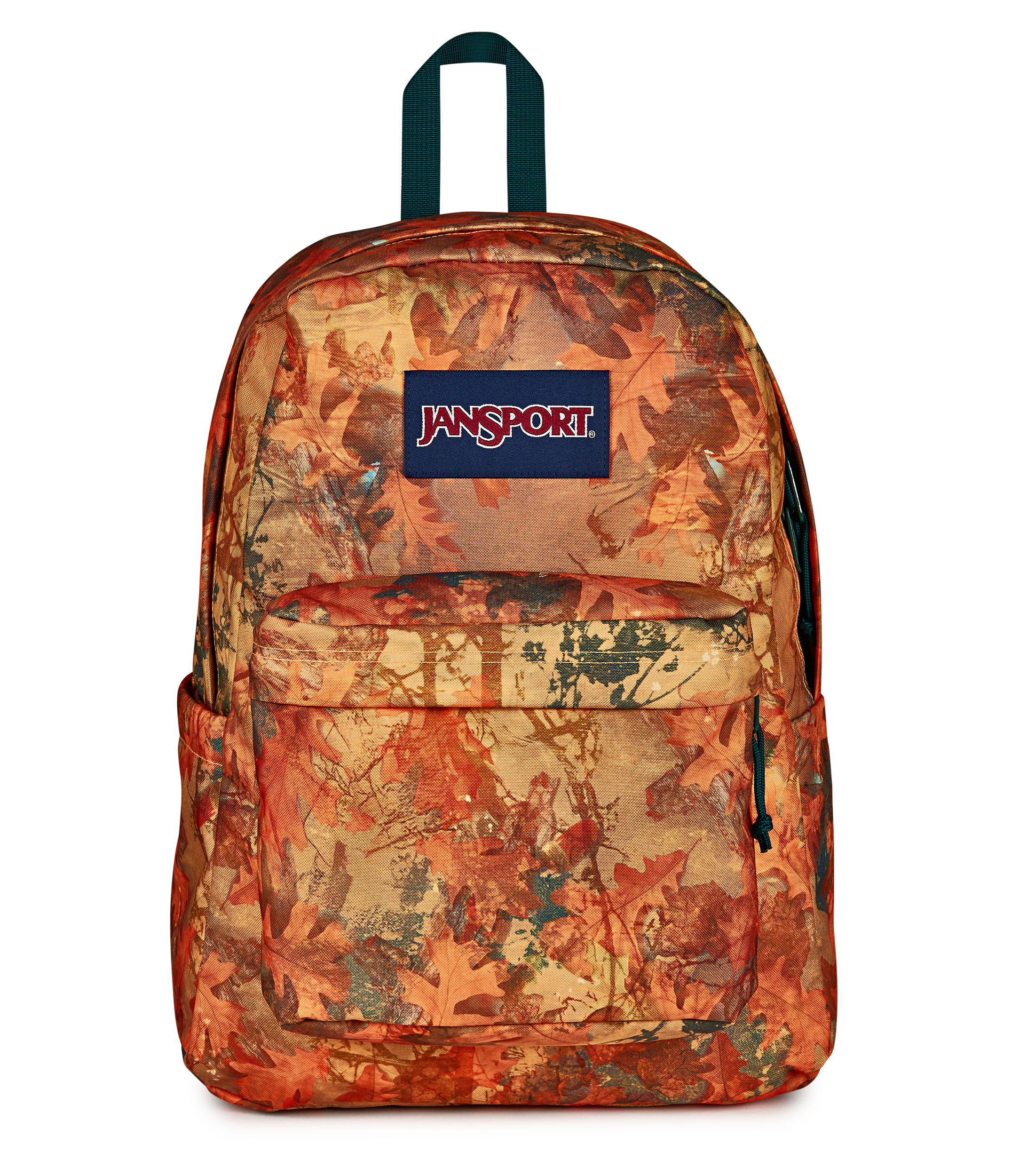 JanSport SuperBreak Plus Iconic Style in Bogcore Camo Orange — front view # color_Bogcore Camo Orange