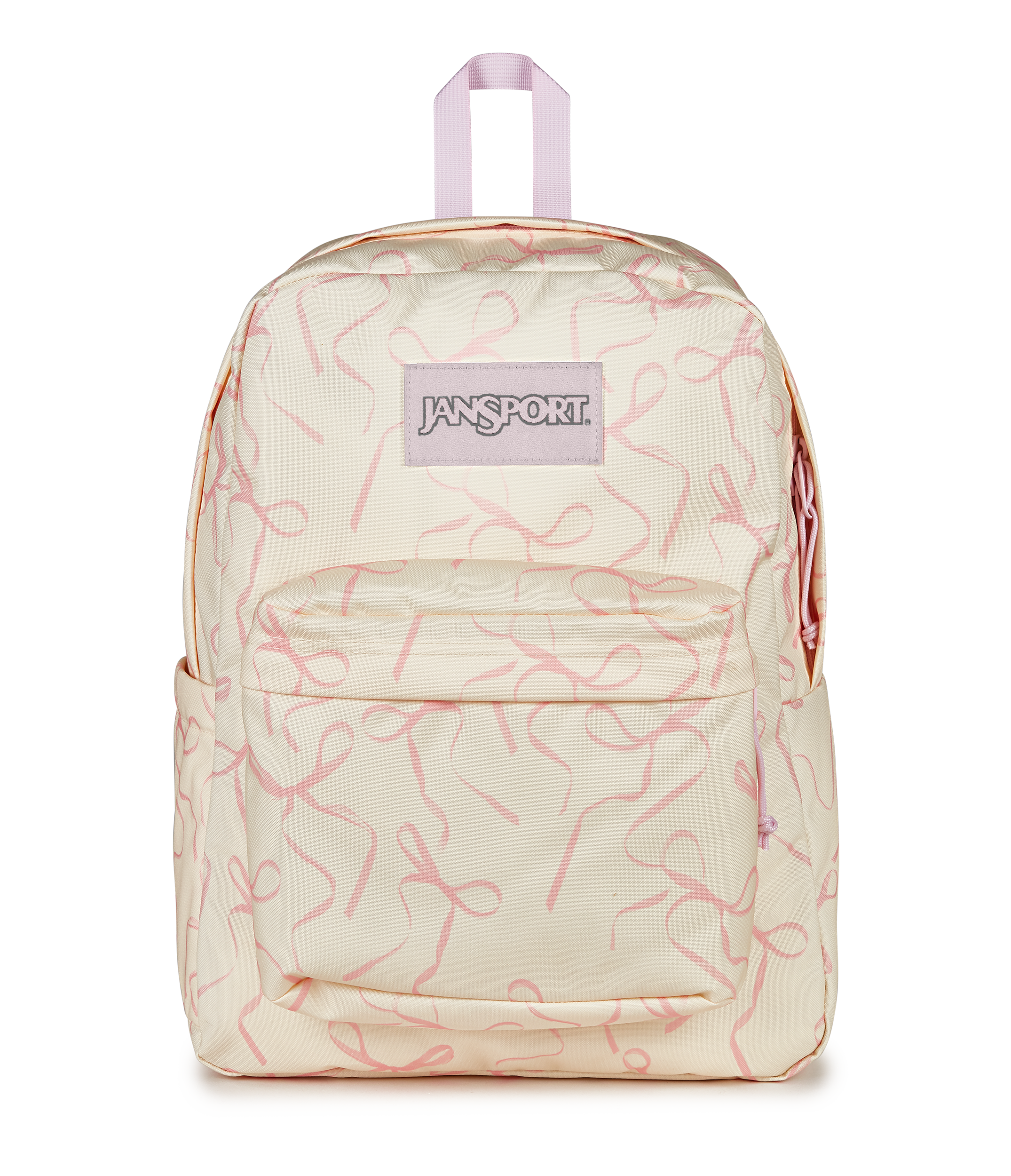 JanSport SuperBreak Plus Iconic Style in Rows of Bows Pink Ice — front view # color_Rows of Bows Pink Ice