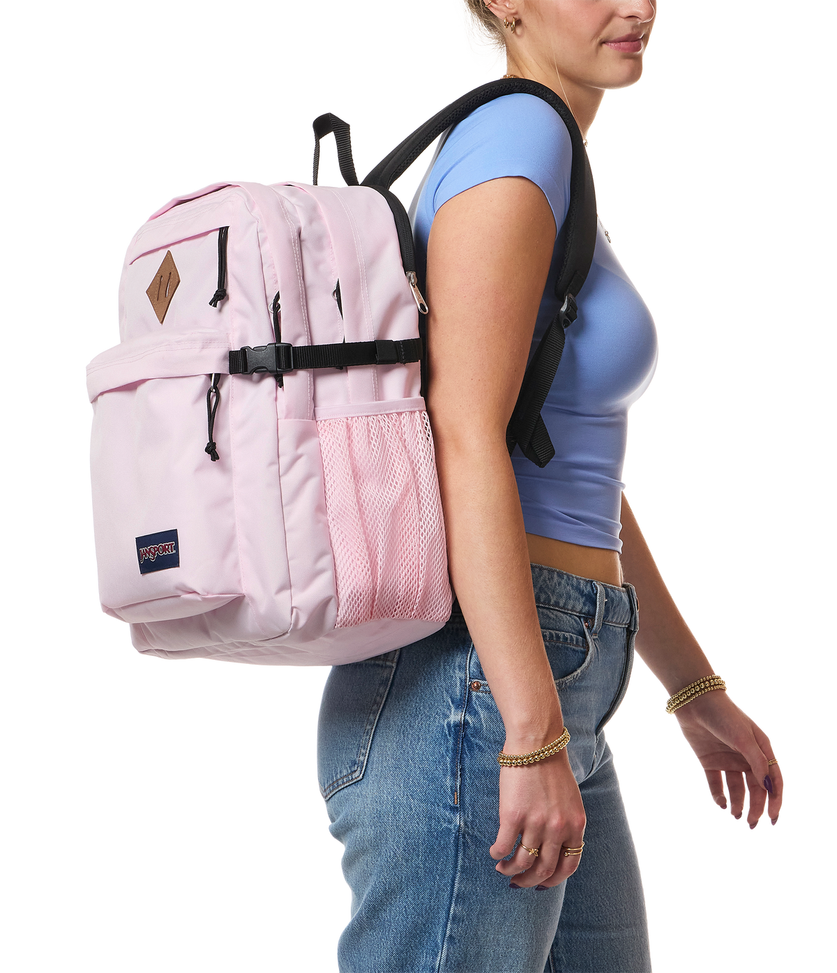 JanSport Main Campus Iconic Style in Pink Ice — lifestyle