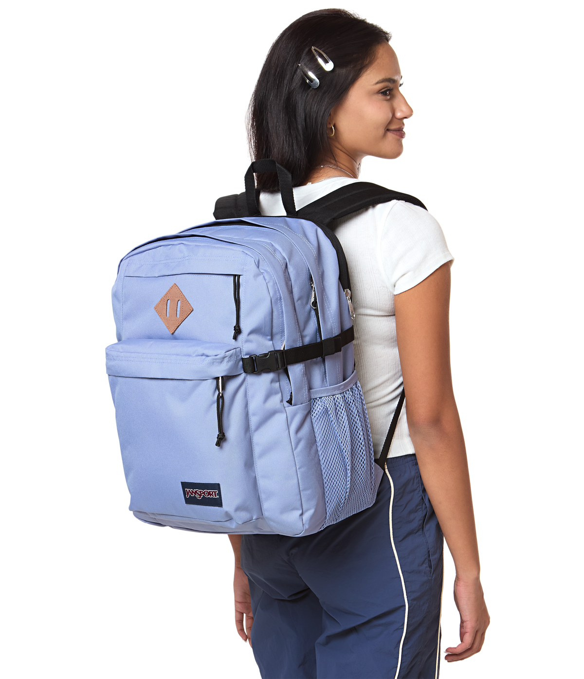 JanSport Main Campus Iconic Style in Lavender Ash — lifestyle