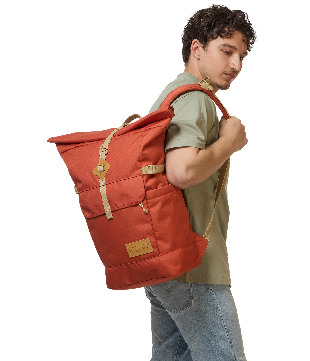 JanSport Hatchet Rolltop Backpack in Dune Red — lifestyle