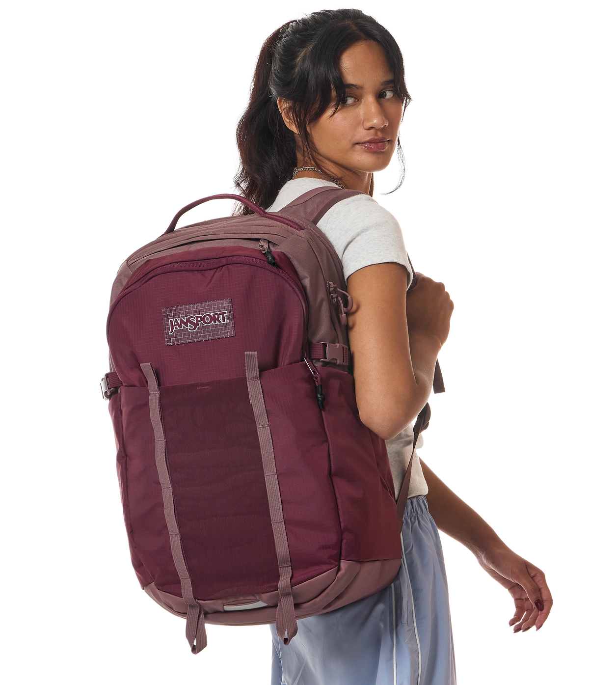 Jansport All Around Pack 34L in Cherry Lacquer — lifestyle