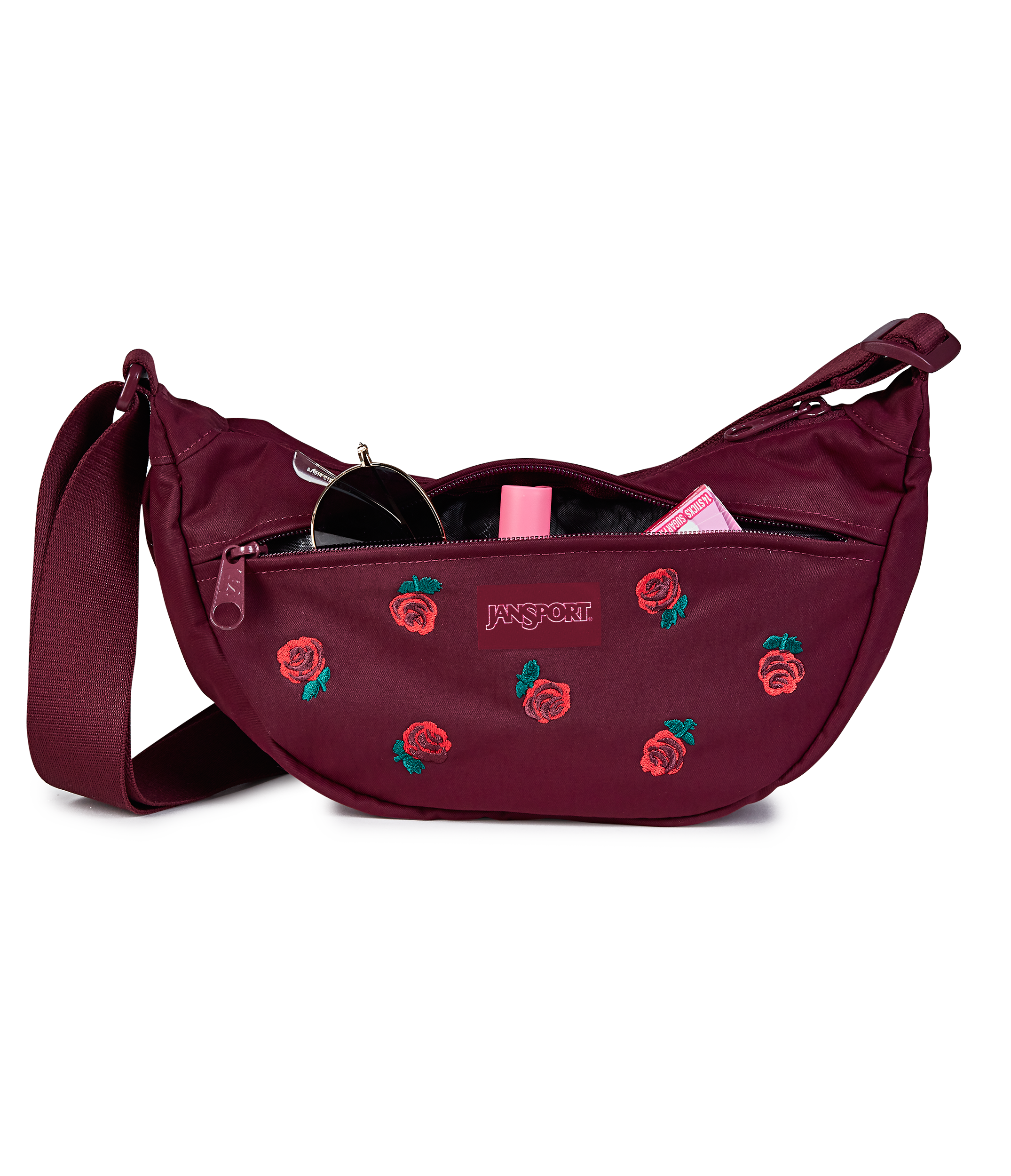 JanSport Unphased Crossbody Small FX in Just A Rose Embroidery Cherry Lacquer — detail view 3