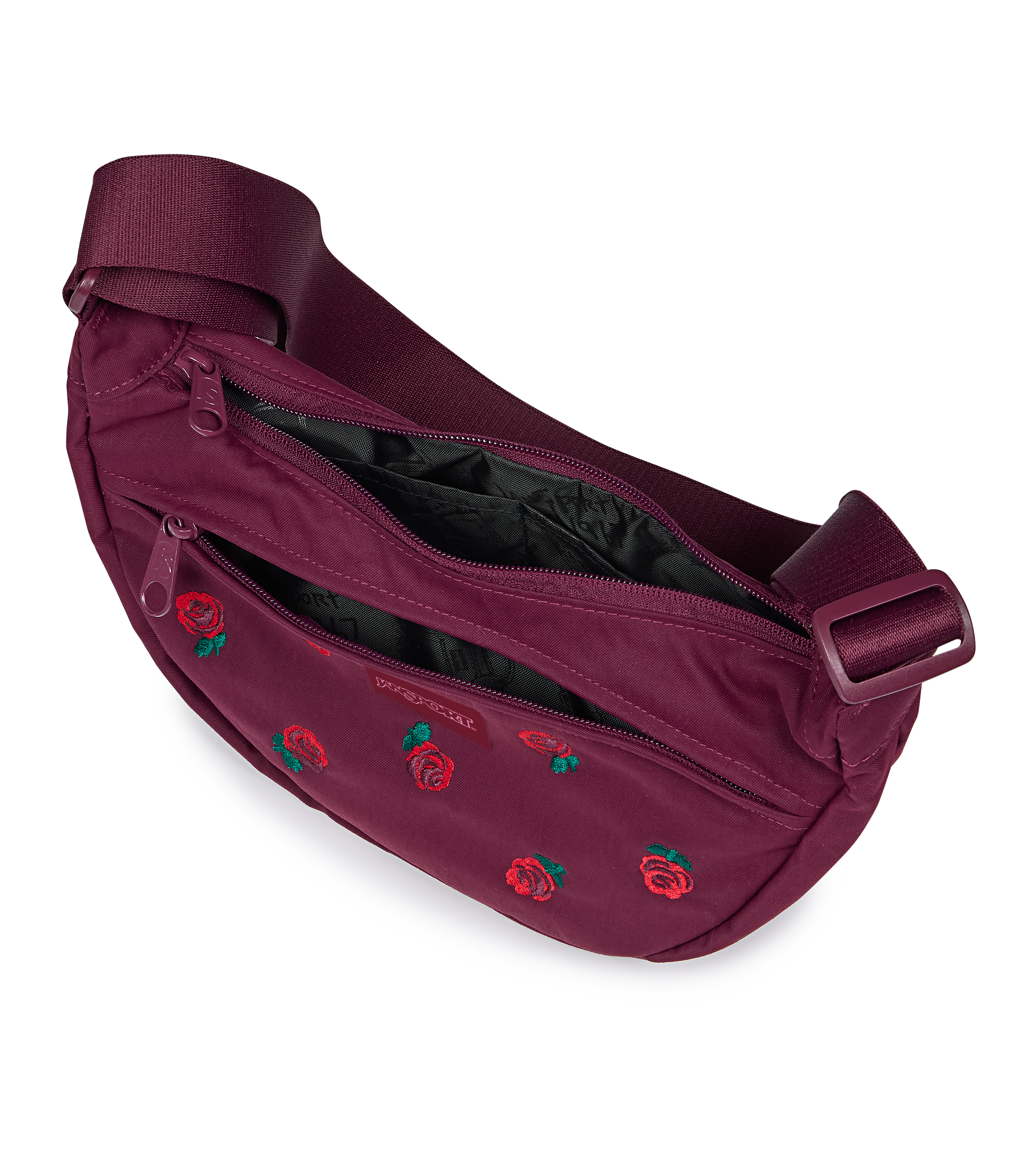 JanSport Unphased Crossbody Small FX in Just A Rose Embroidery Cherry Lacquer — angle view 2