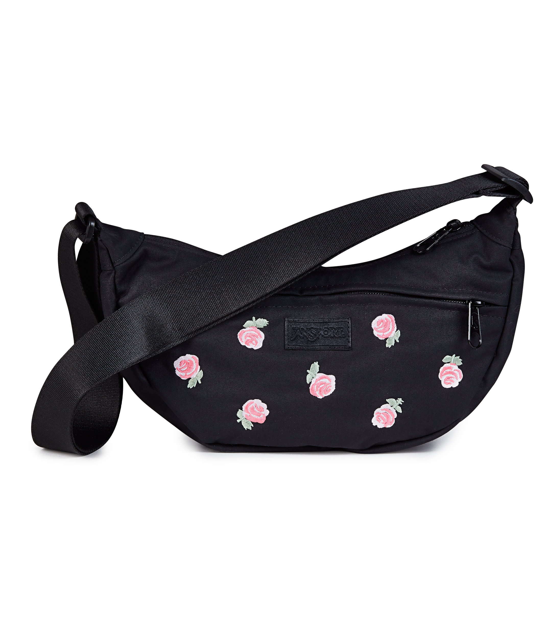 JanSport Unphased Crossbody Small FX in Just A Rose Embroidery Black — front view