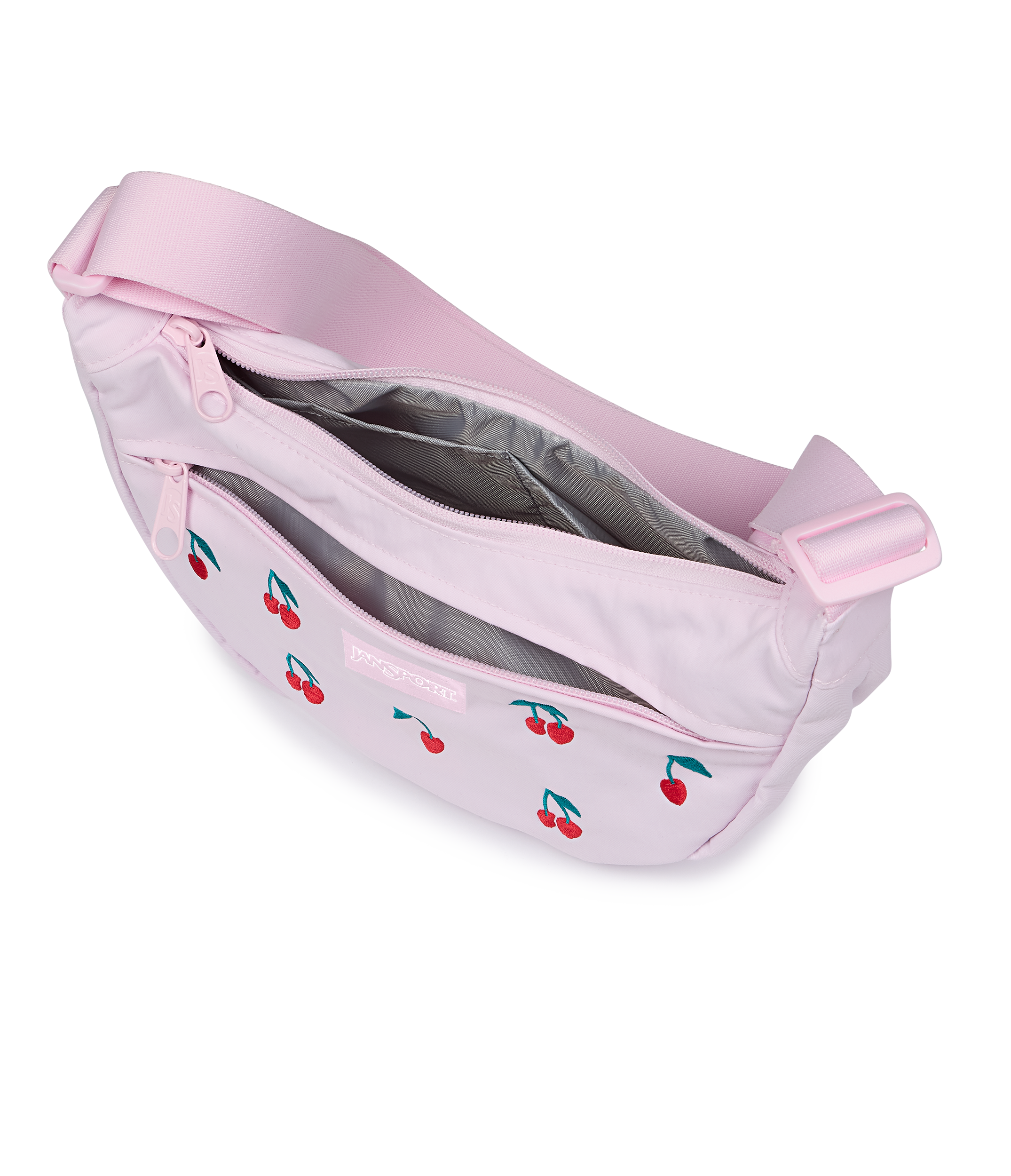 JanSport Unphased Crossbody Small FX in Pink Ice Cherry Embroidery — angle view 2