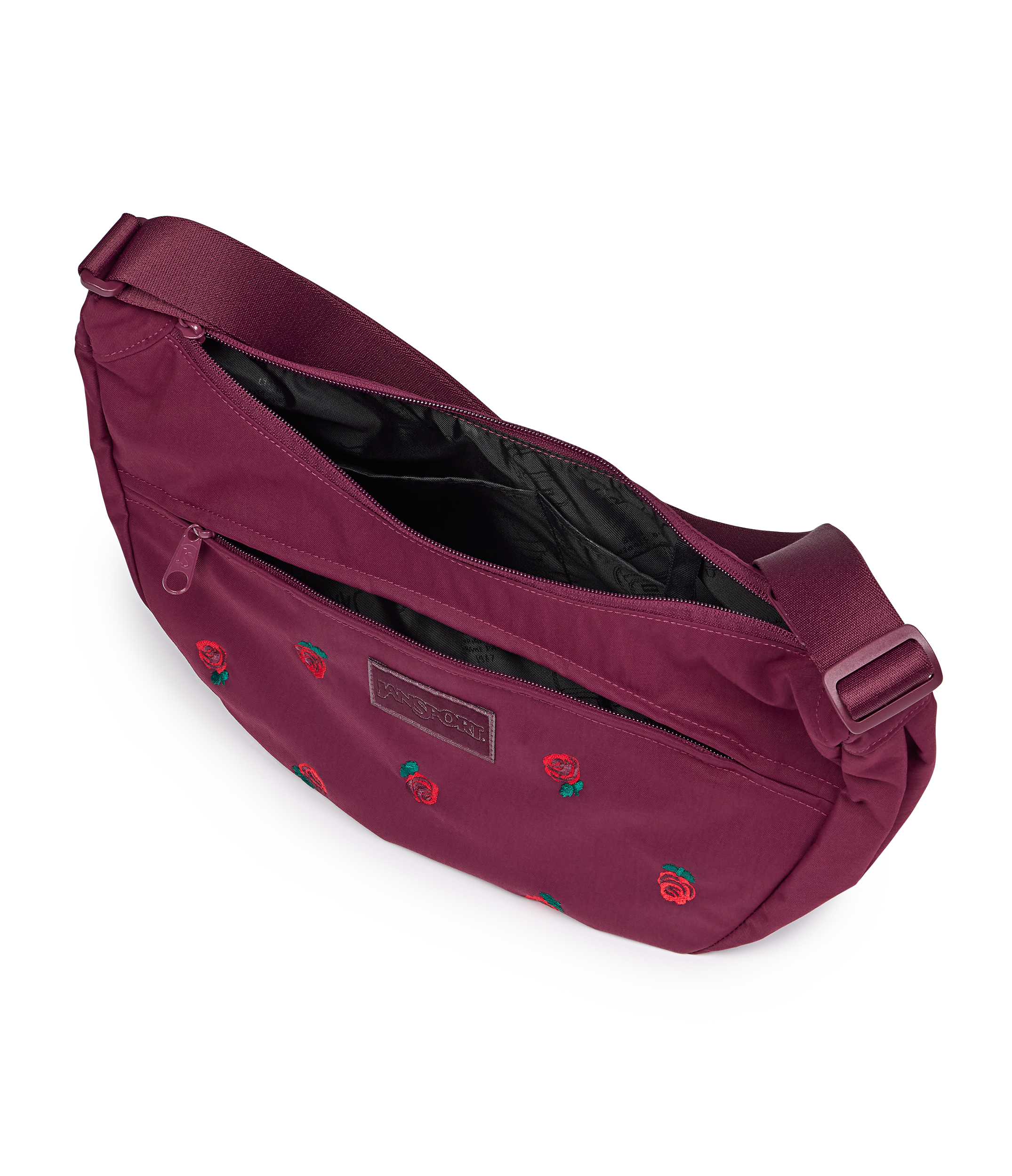 JanSport Unphased Crossbody Large FX in Just A Rose Embroidery Cherry Lacquer — angle view 3