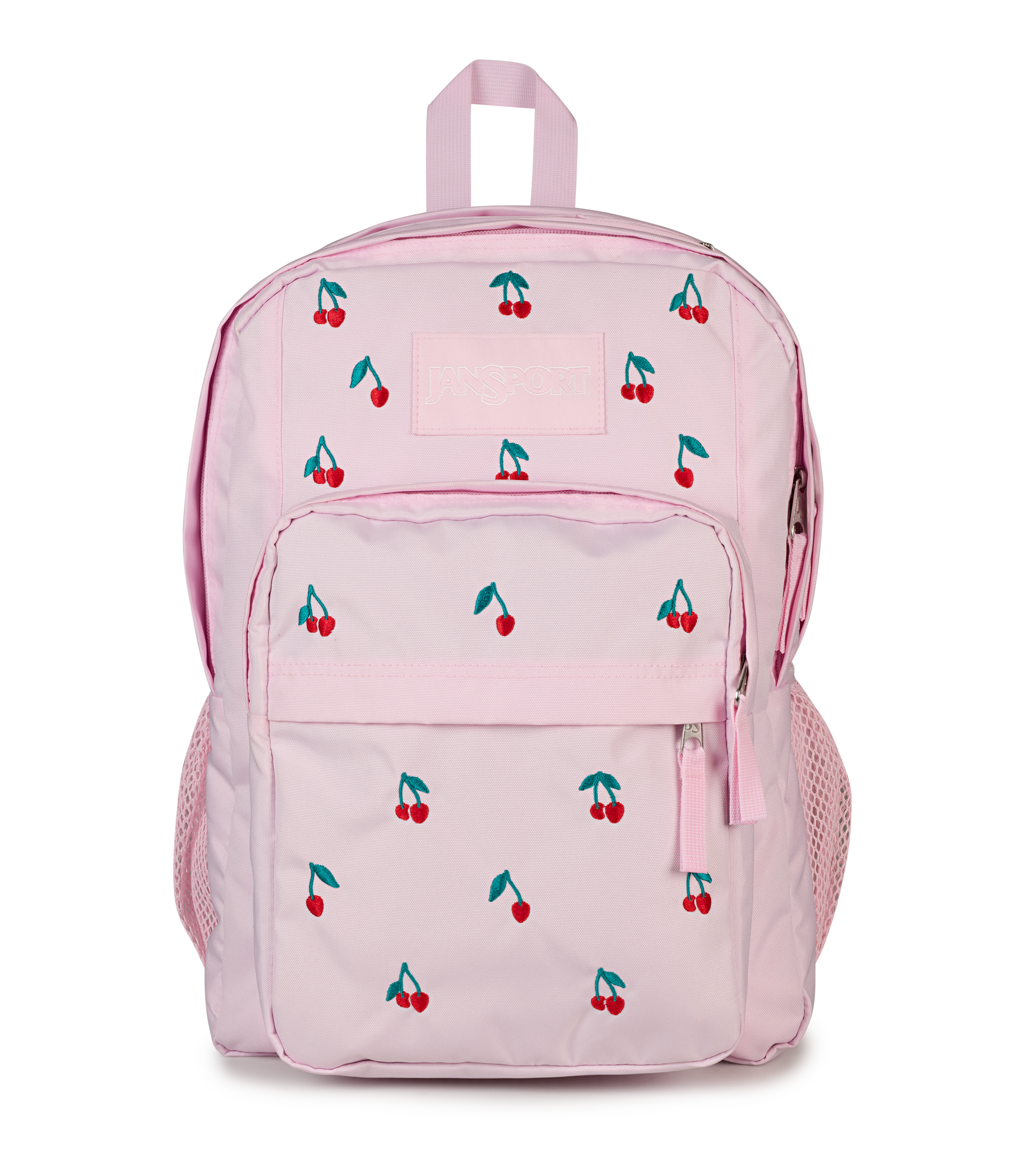 JanSport Big Plans FX in Pink Ice Cherry Embroidery — front view