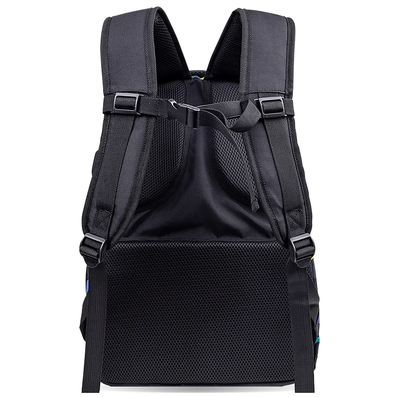 J World Atom Multi Purpose Laptop Backpack in Cubes — back view # color_Cubes