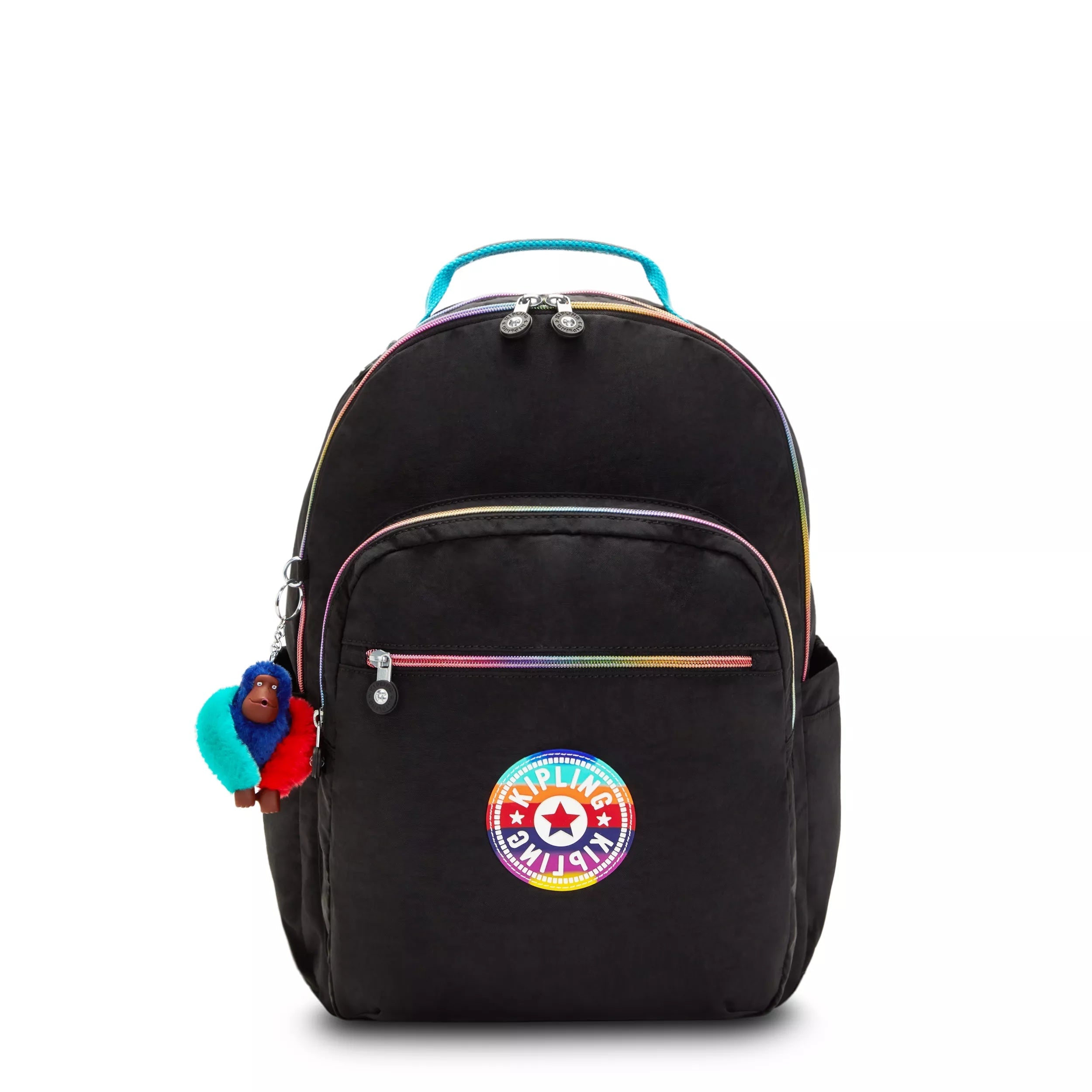 Kipling Seoul Large Backpack with 15" Laptop Protection in Truly Black Rainbow — front view # color_Truly Black Rainbow