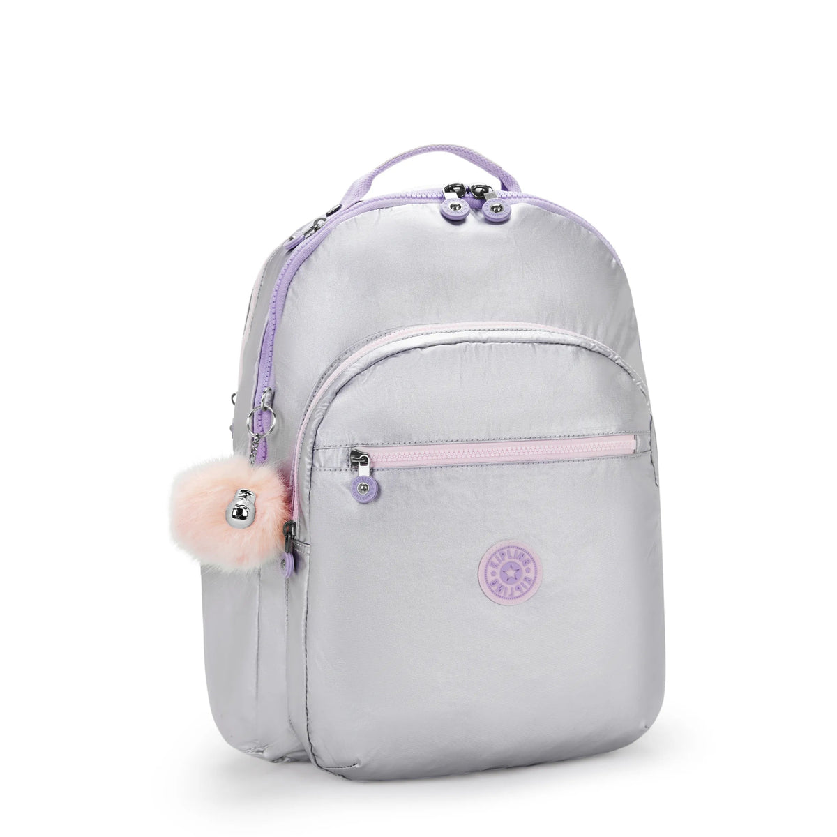 Kipling Seoul Extra Large 17" Laptop Backpack in Silver Glow Metallic — angle view