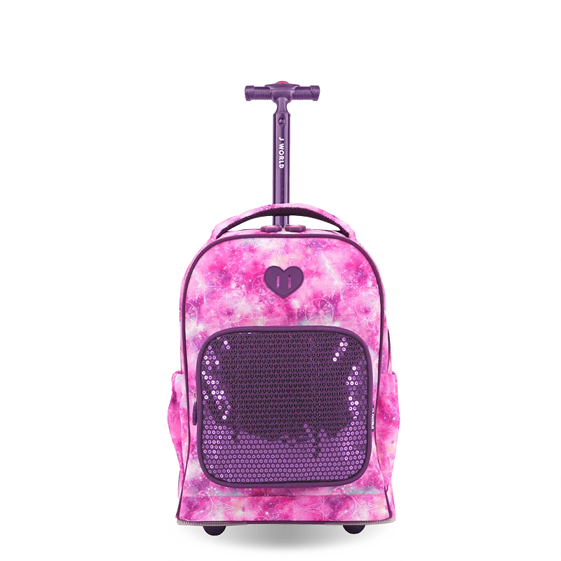 J World Sparkle Kids Rolling Backpack (15 Inch) in Purple Galaxy — front view # color_Purple Galaxy
