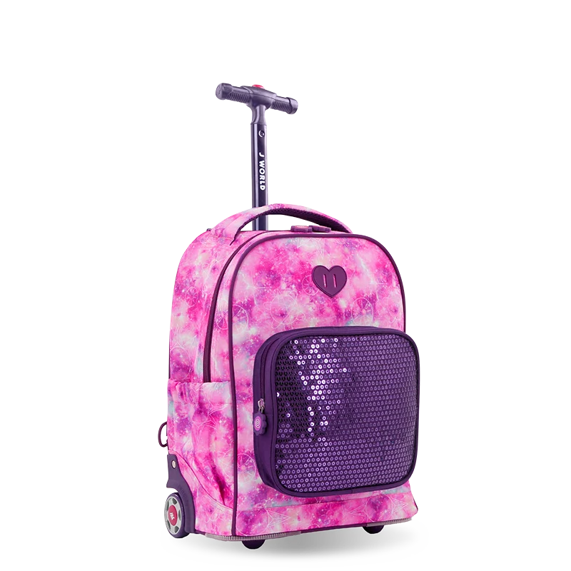 J World Sparkle Kids Rolling Backpack (15 Inch) in Purple Galaxy — angle view 2 # color_Purple Galaxy