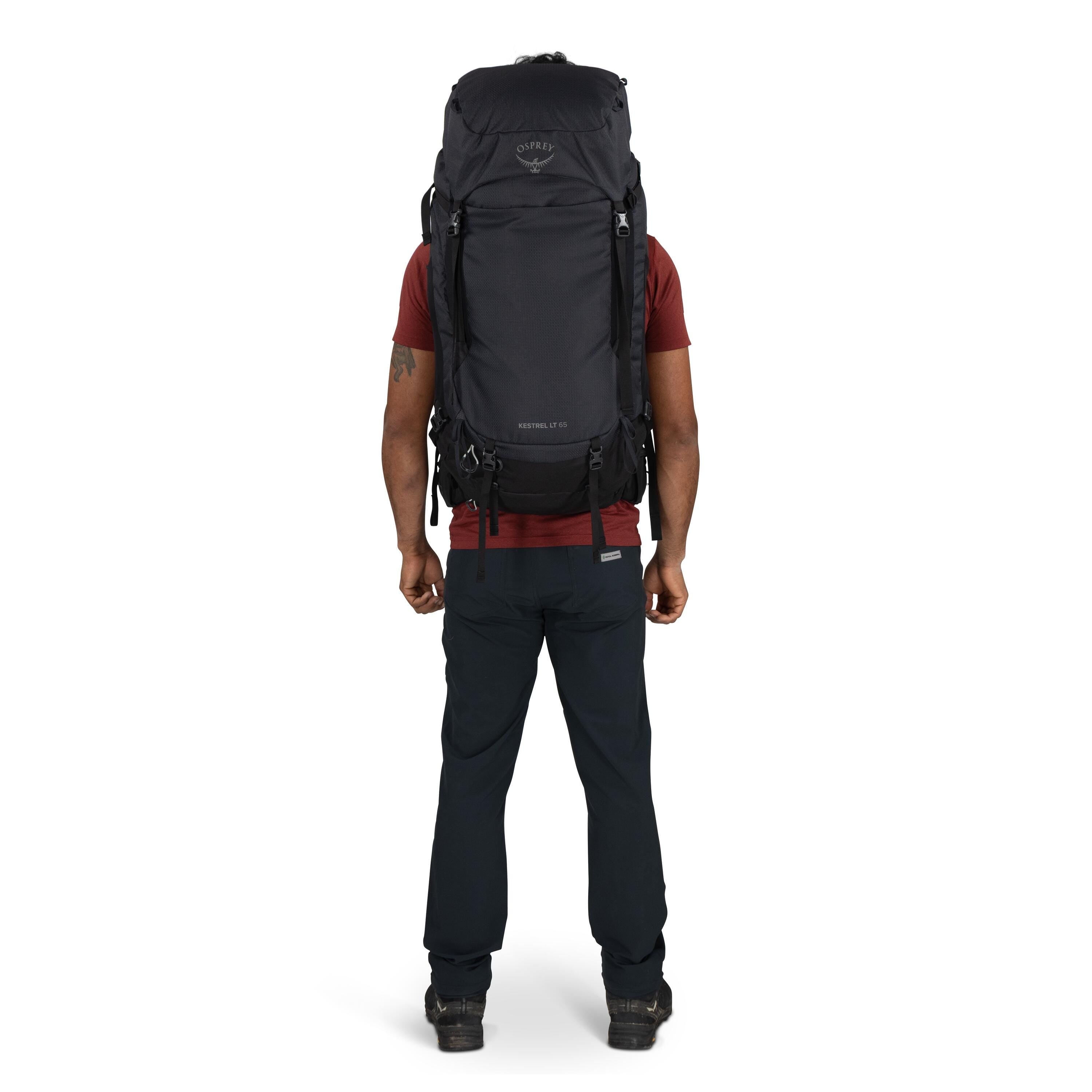 Osprey Kestrel LT 65 Backpacking Pack 65L in Black — lifestyle