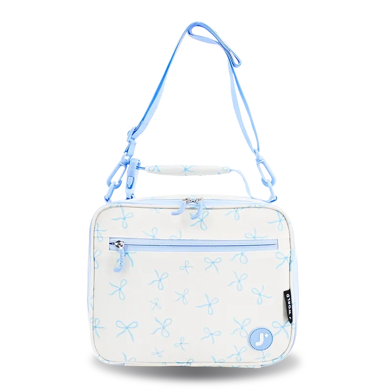 J World Cody Lunch Bag With Shoulder Strap in Blue Bows — front view # color_Blue Bows