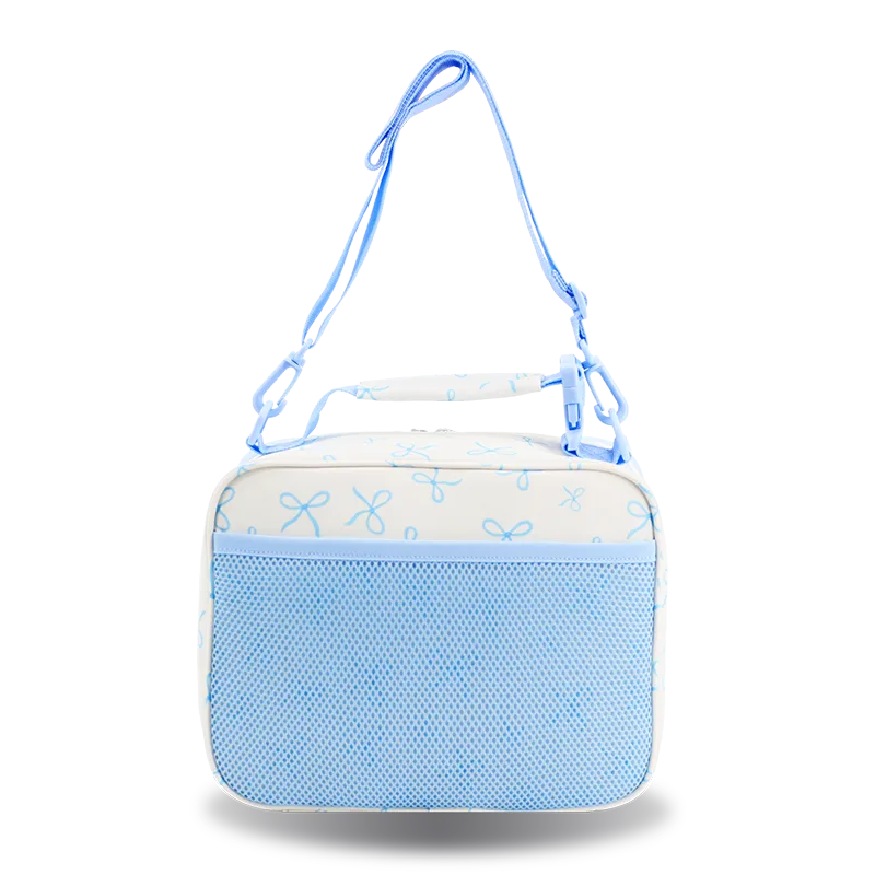 J World Cody Lunch Bag With Shoulder Strap in Blue Bows — back view # color_Blue Bows