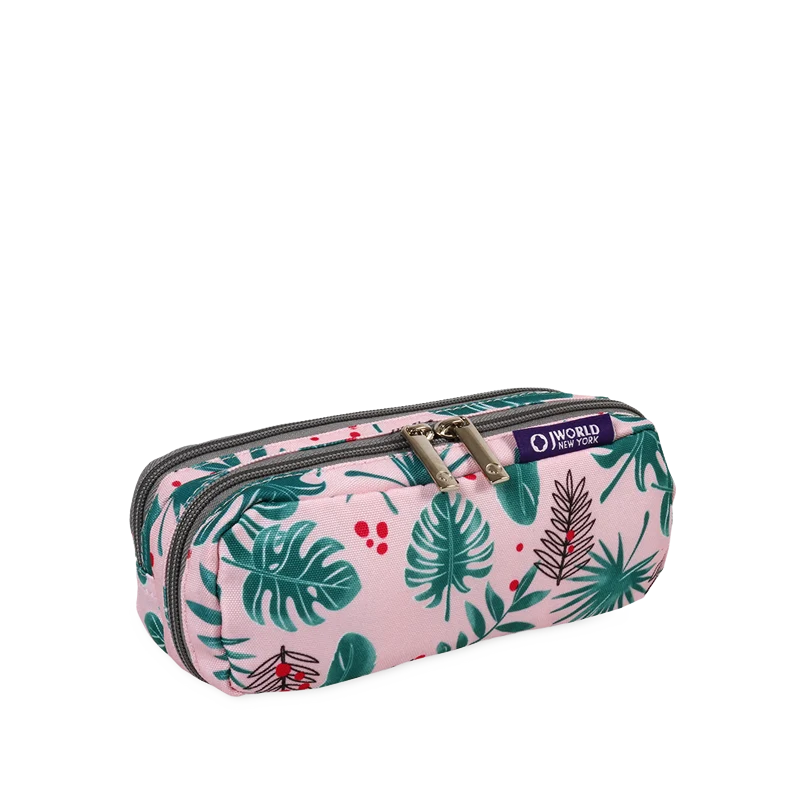 J World Jojo Double Compartment Pencil Case in Palm Leaves — angle view 3 # color_Palm Leaves