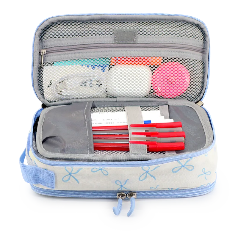 J World Doodle Pencil Case with Handle Strap in Blue Bows — interior view # color_Blue Bows