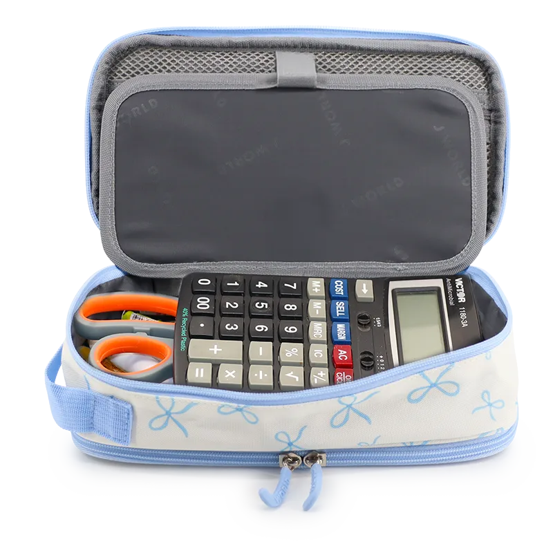 J World Doodle Pencil Case with Handle Strap in Blue Bows — interior view 2 # color_Blue Bows