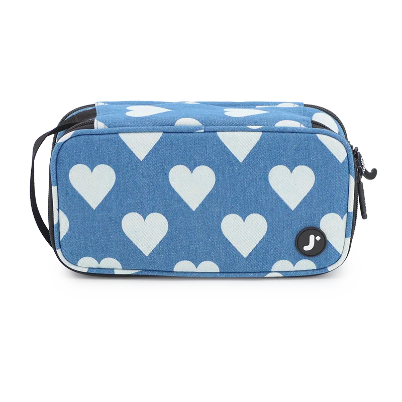 J World Doodle Pencil Case with Handle Strap in Denim Heart — front view # color_Denim Heart