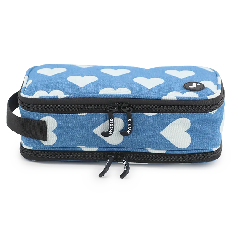 J World Doodle Pencil Case with Handle Strap in Denim Heart — front view 2 # color_Denim Heart