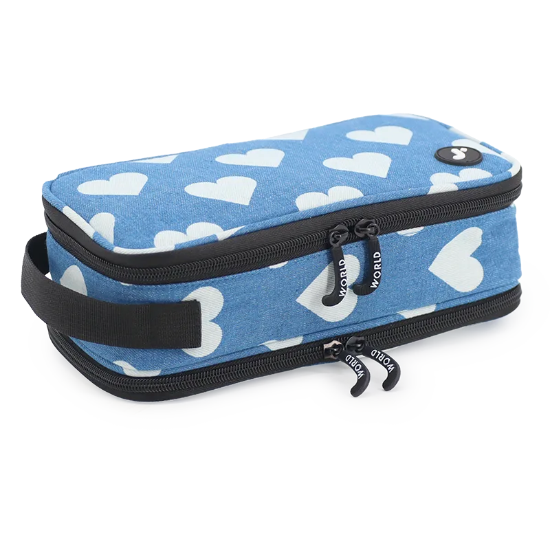 J World Doodle Pencil Case with Handle Strap in Denim Heart — angle view 2 # color_Denim Heart