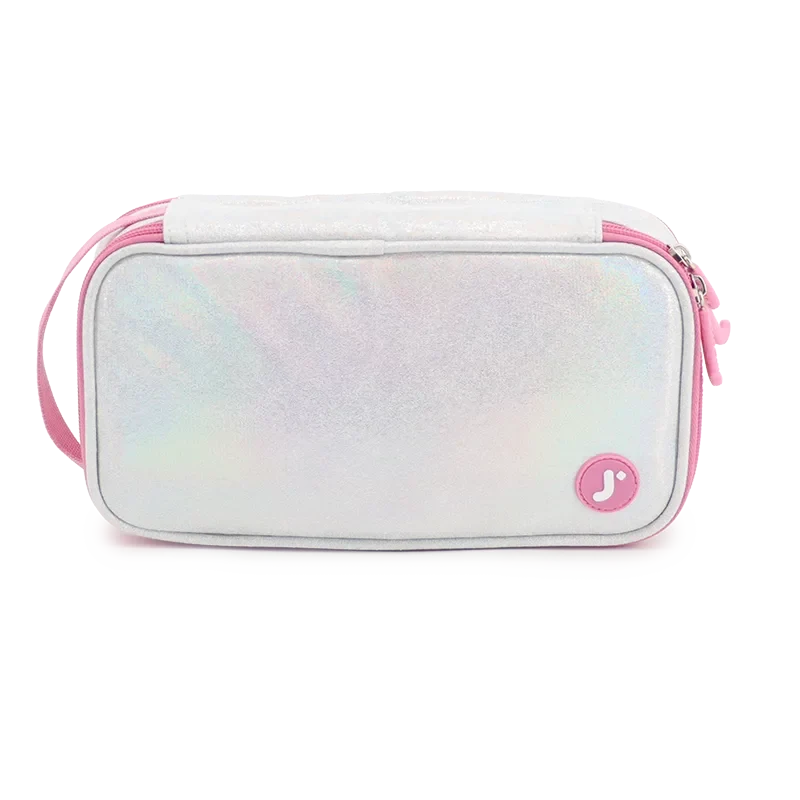 J World Doodle Pencil Case with Handle Strap in Metallic Silver — front view # color_Metallic Silver