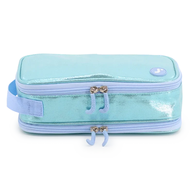 J World Doodle Pencil Case with Handle Strap in Metallic Teal — front view 2 # color_Metallic Teal