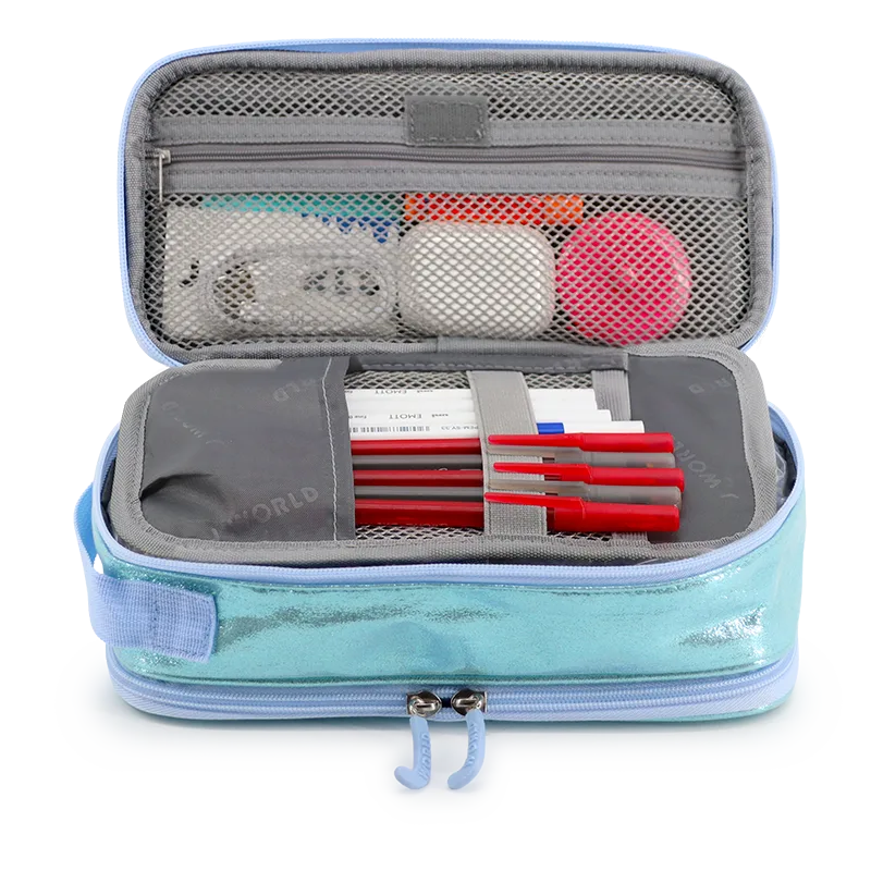 J World Doodle Pencil Case with Handle Strap in Metallic Teal — interior view # color_Metallic Teal