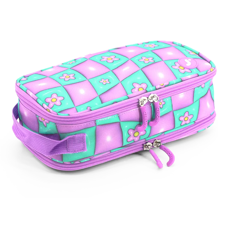 J World Doodle Pencil Case with Handle Strap in Puffy Flower — angle view 2 # color_Puffy Flower