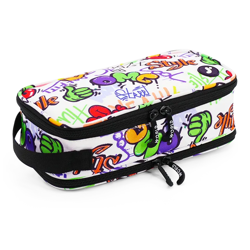 J World Doodle Pencil Case with Handle Strap in Street Art — angle view 3 # color_Street Art