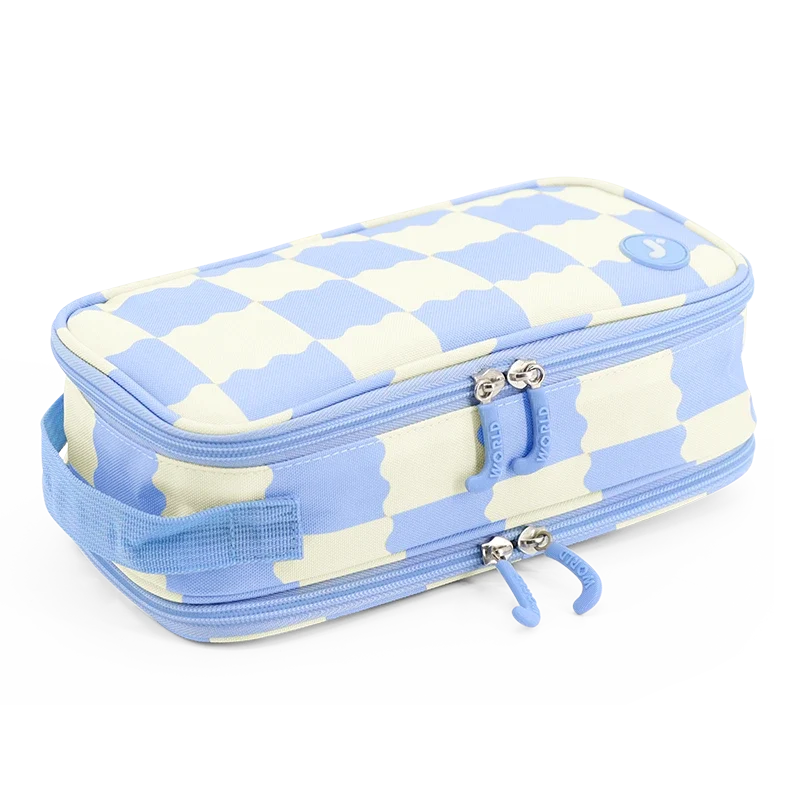 J World Doodle Pencil Case with Handle Strap in Wiggle Blue — angle view 3 # color_Wiggle Blue