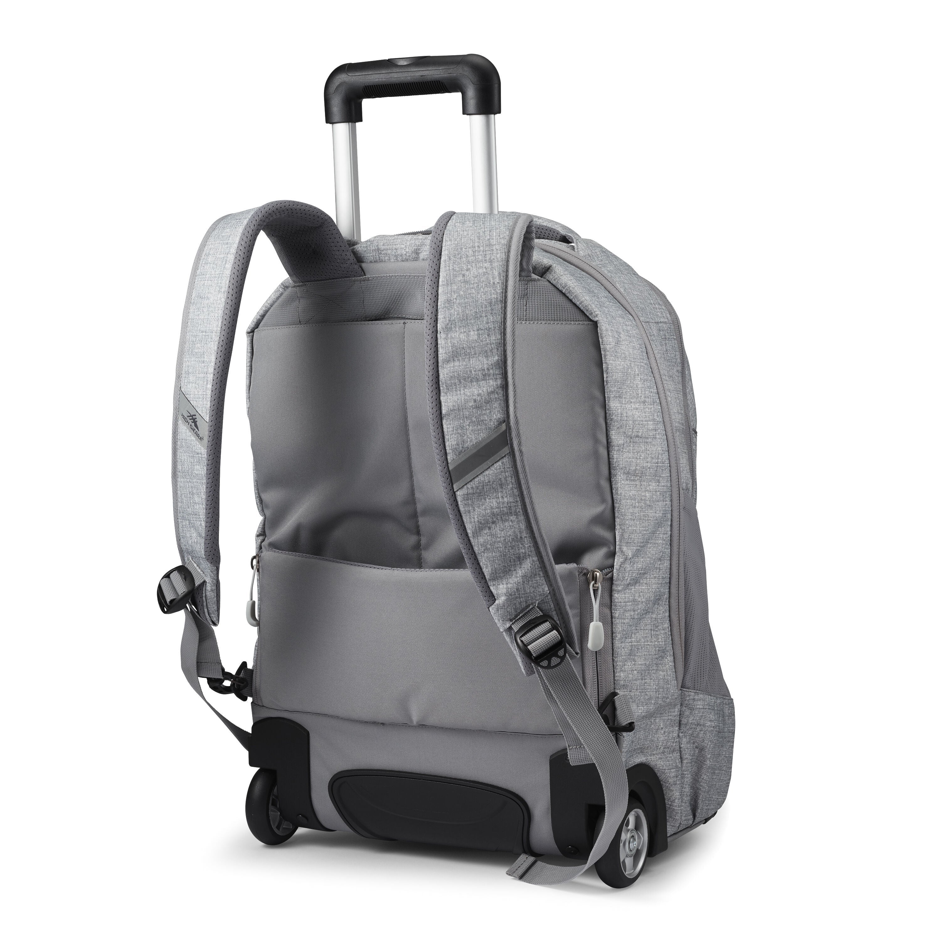 High Sierra Powerglide Pro Wheeled Backpack in Silver Heather — back view