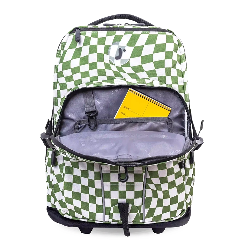 J World Lunar Multi-Purpose Laptop Rolling Backpack (19.5 Inch) in Matcha Checkers — detail view # color_Matcha Checkers