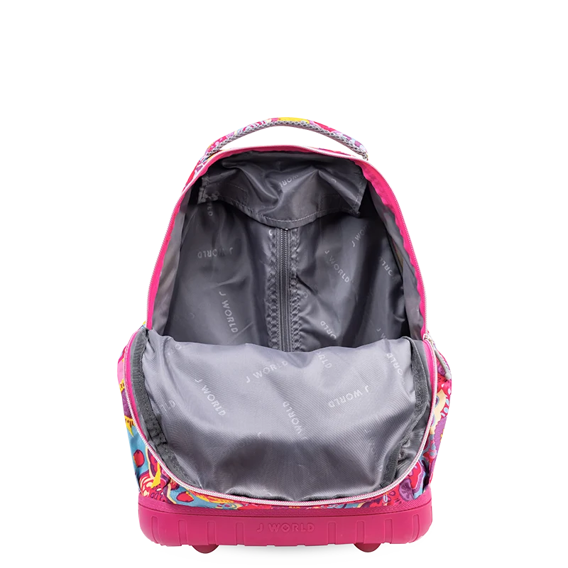 J World Lollipop Kids Rolling Backpack With Lunch Bag (16 Inch) in Poppy Pansy — back view 2 # color_Poppy Pansy