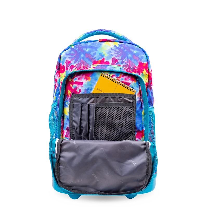 J World Sunny Rolling Backpack (17 Inch) in Tie Dye — detail view # color_Tie Dye