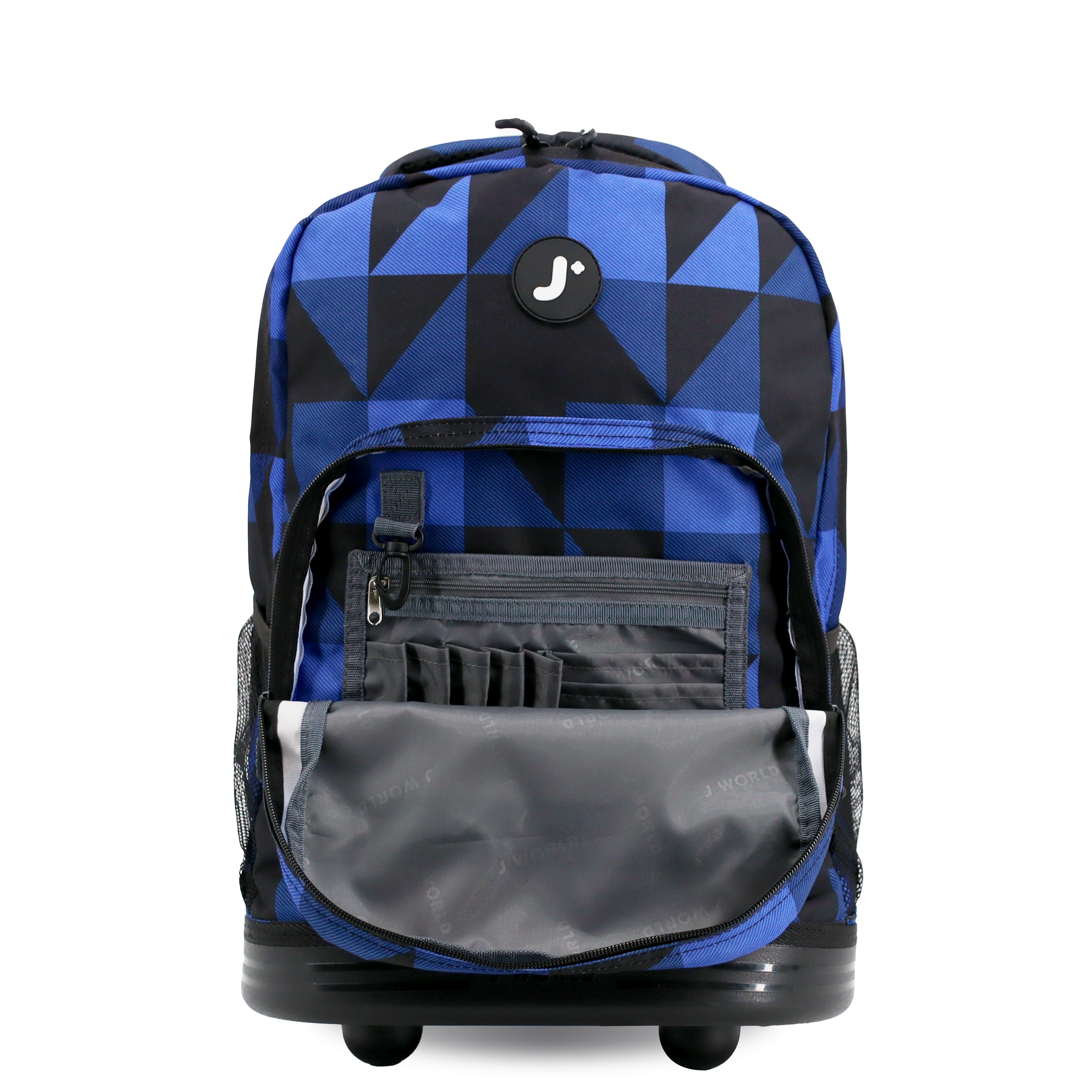 J World Sunrise Rolling Backpack (18 Inch) in Block Navy — detail view # color_Block Navy