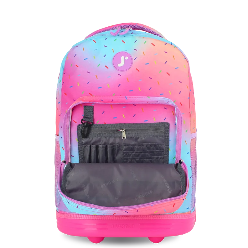 J World Sunrise Rolling Backpack (18 Inch) in Confetti — detail view # color_Confetti
